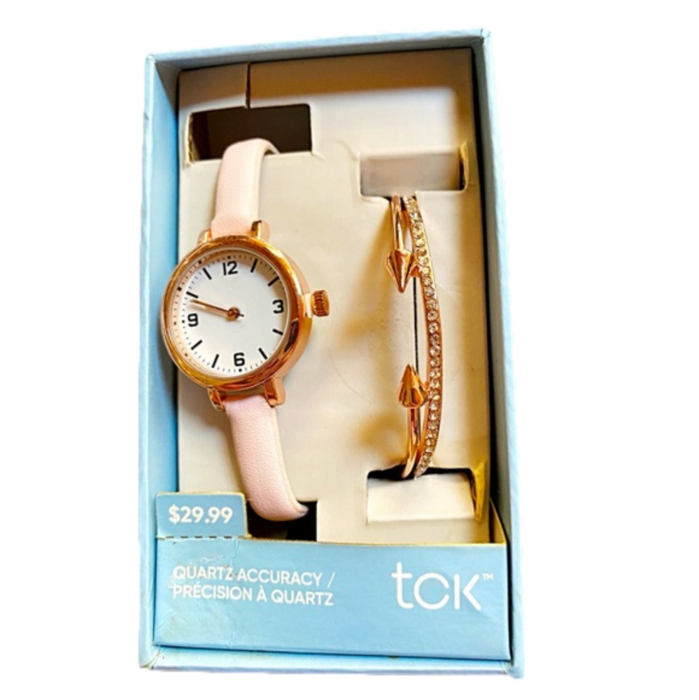 🆕 TCK - Rose Quartz Watch with Rhinestone Bangle